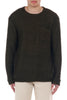 Dark green sweater worn by a person on a white background