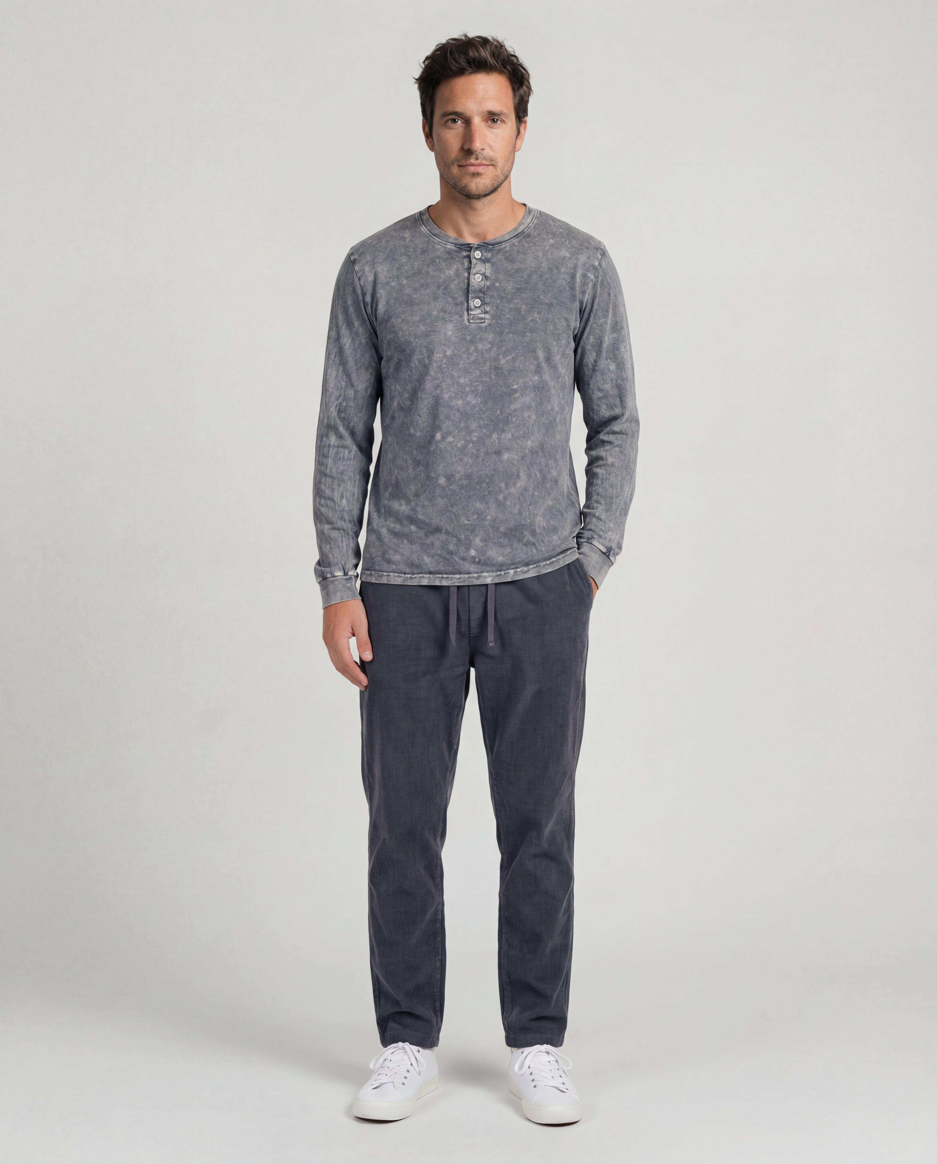 Henley Acid Wash Tee - Grey