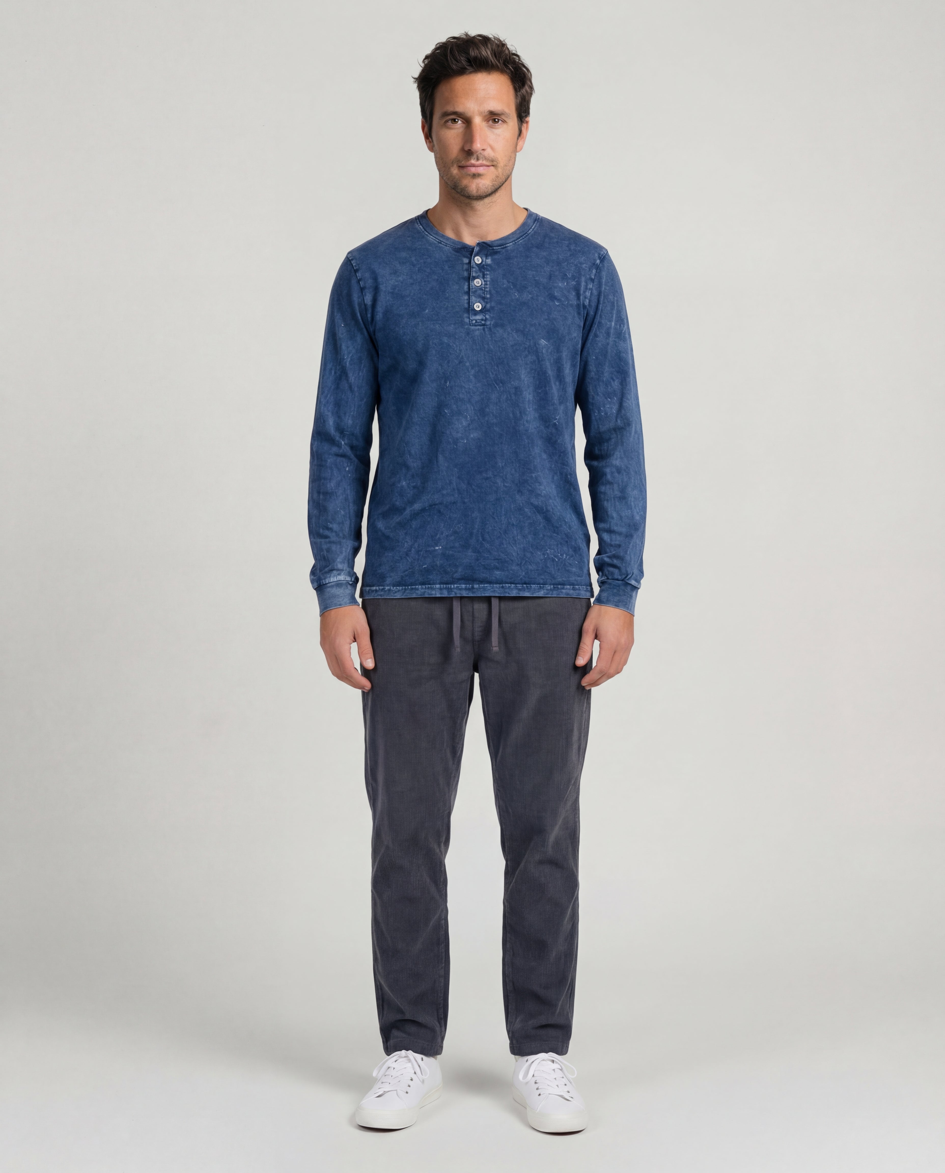 Henley Acid Wash Tee - Navy