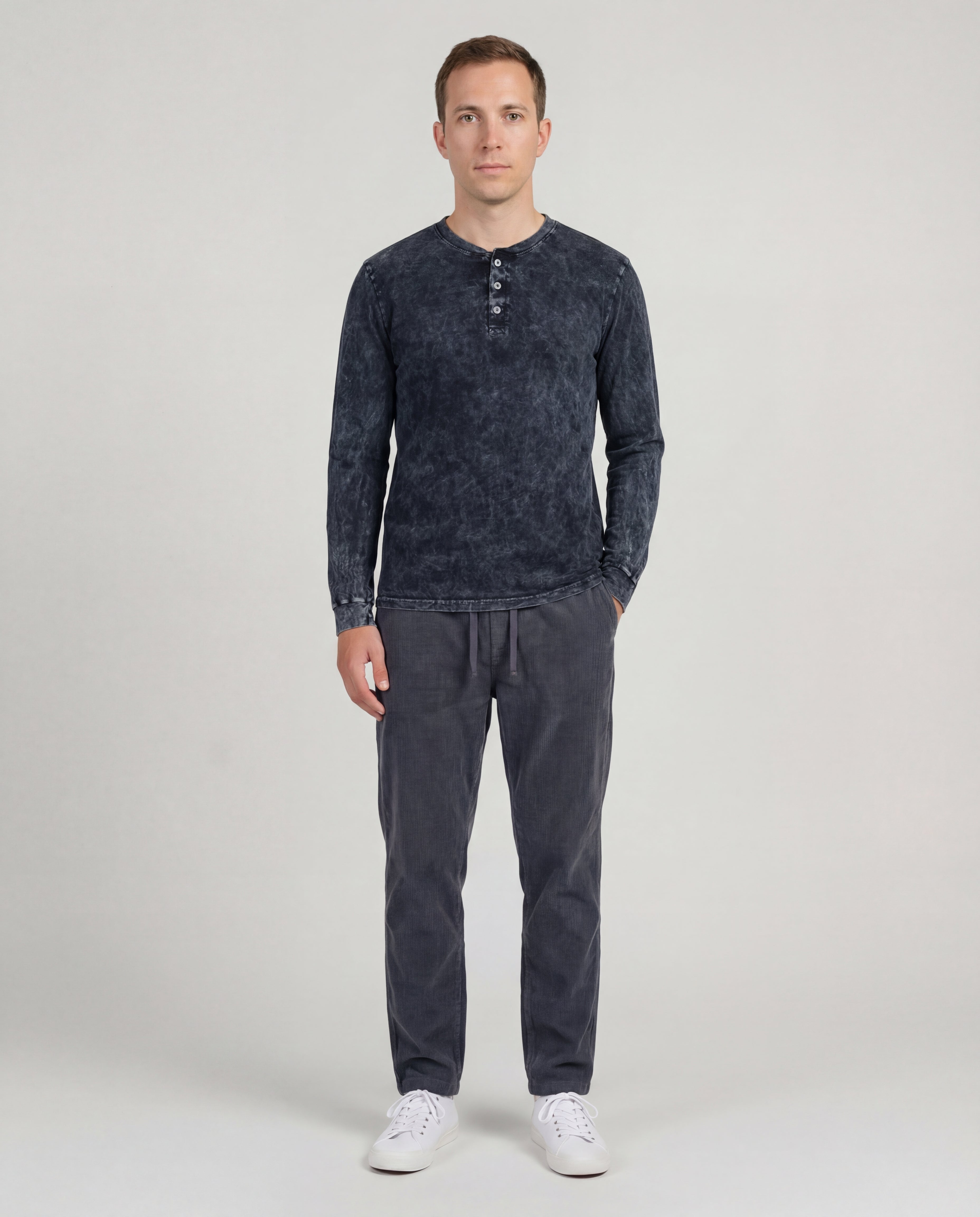 Henley Acid Wash Tee - Black