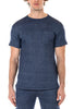 Man wearing a blue t-shirt with a pocket on a white background