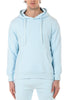 Light blue hoodie worn by a person on a white background