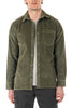 Green corduroy shirt worn by a person on a white background