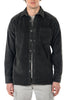 Man wearing a black corduroy shirt on a white background