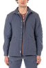 Man wearing a blue quilted jacket on a white background