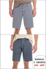 Gray shorts worn by a person on a white background with promotional text.