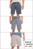 Three different styles of shorts worn by a person on a white background with a promotional offer.