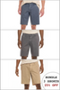 Three pairs of shorts in blue, gray, and beige with a promotional offer on a white background.