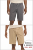 Two pairs of shorts, one gray and one beige, on a white background with promotional text.
