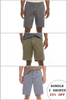 Three pairs of shorts in gray, green, and blue with a promotional offer on a white background.