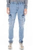 Light blue cargo pants worn by a person on a white background