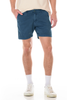 Person wearing blue shorts on a white background