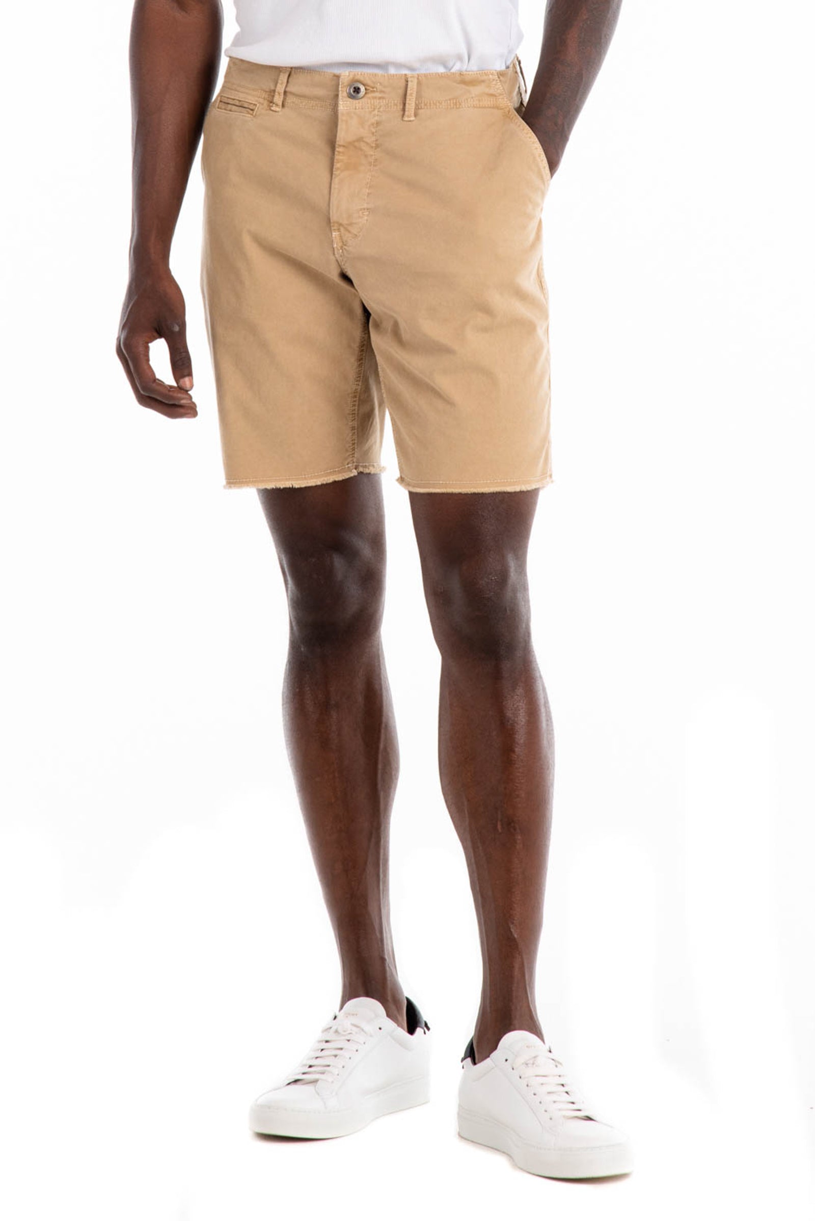 Original Paperbacks Brentwood Chino Short in Khaki on Model Cropped Styled View