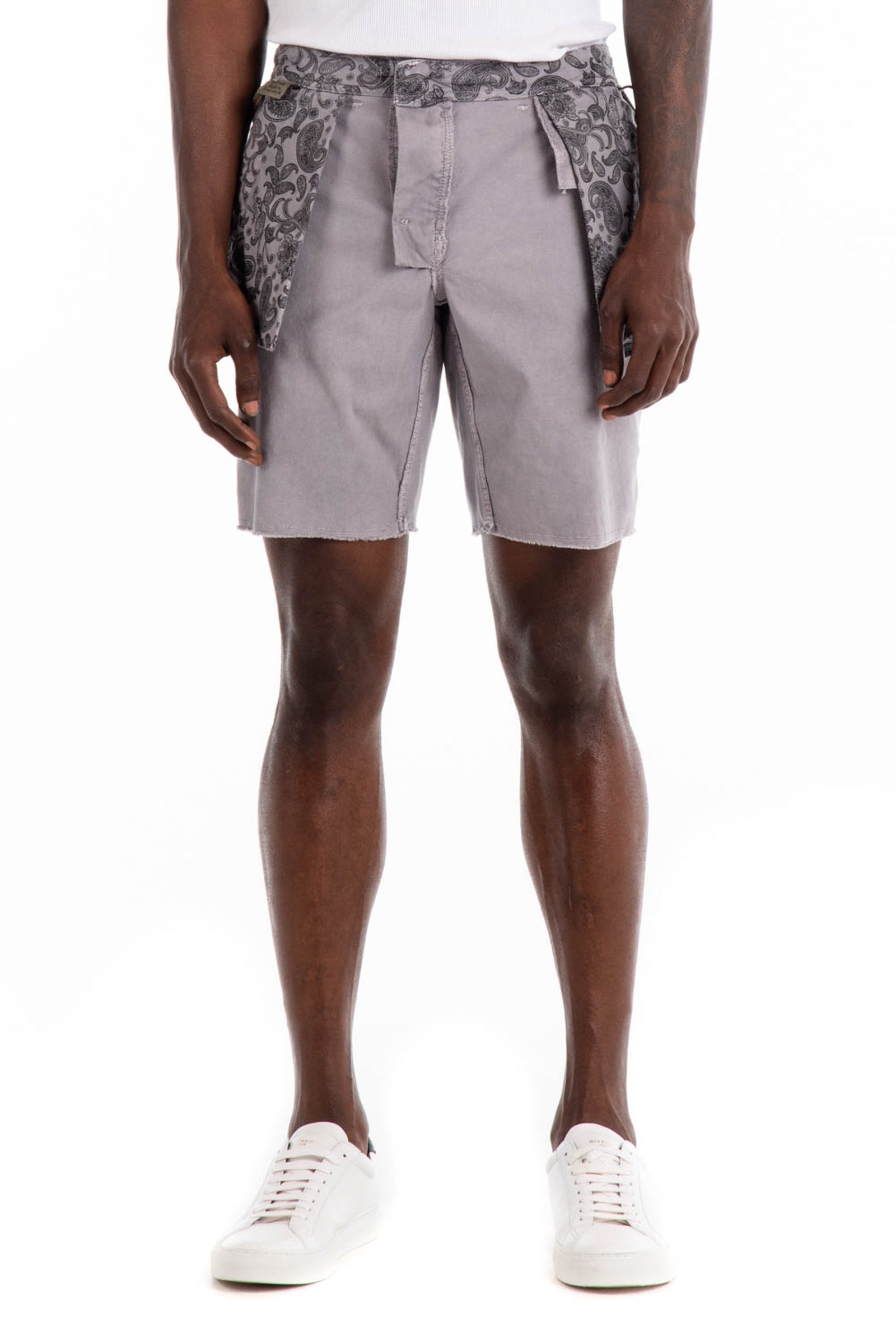 Original Paperbacks Brentwood Chino Short in Light Grey on Model Cropped Inside Out Pocket Front View