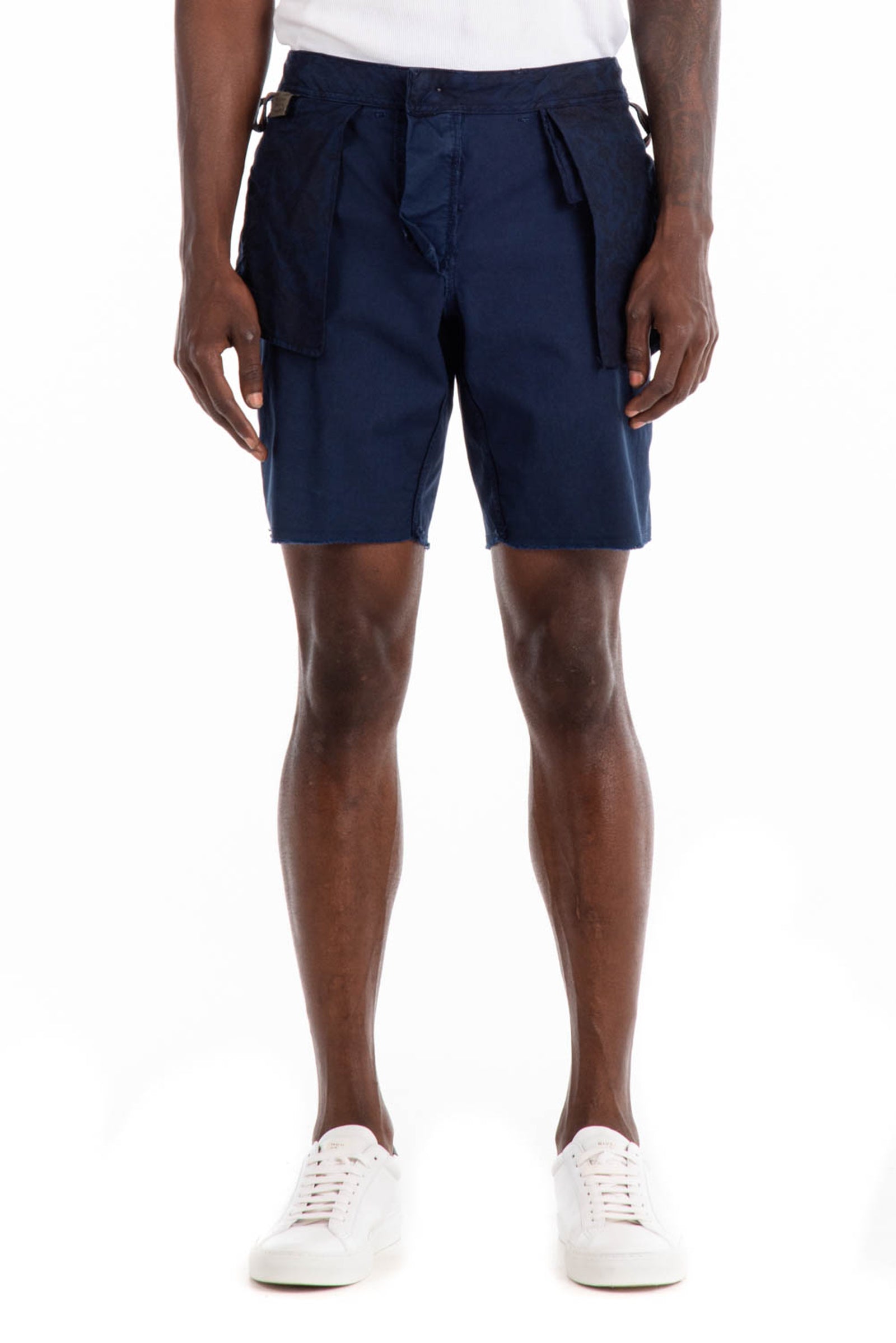 Original Paperbacks Brentwood Chino Short in Navy on Model Cropped Inside Out Pocket Front View