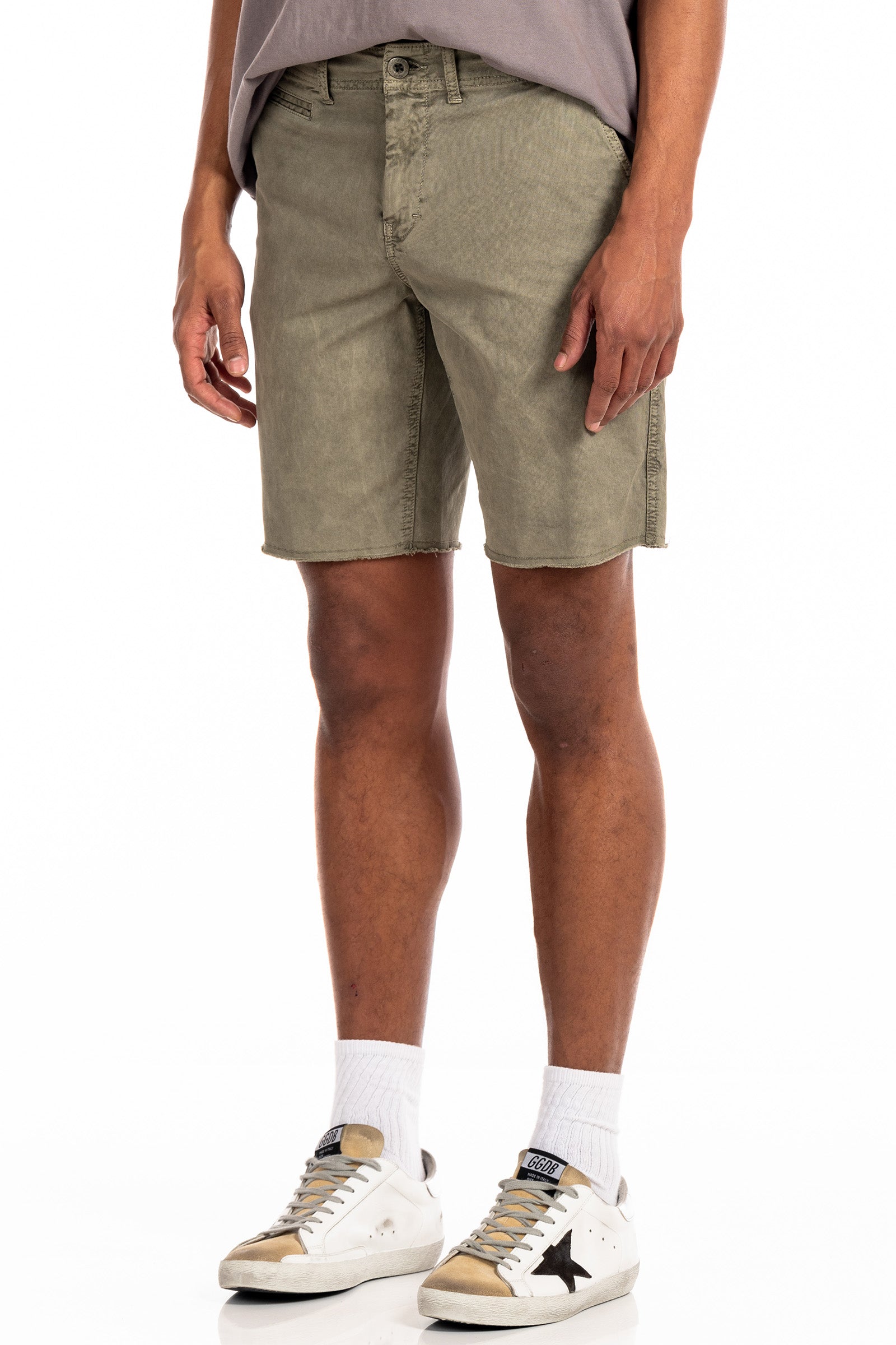 Original Paperbacks Brentwood Chino Short in Olive on Model Cropped Side View