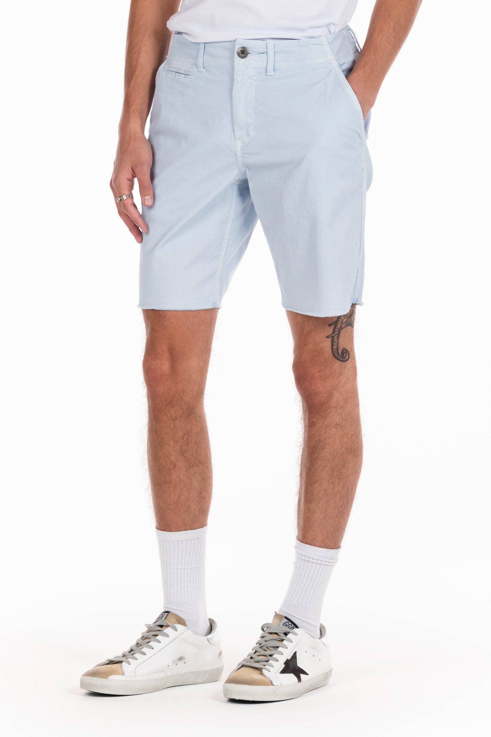 Original Paperbacks Brentwood Chino Short in Waterfall on Model Cropped Styled View
