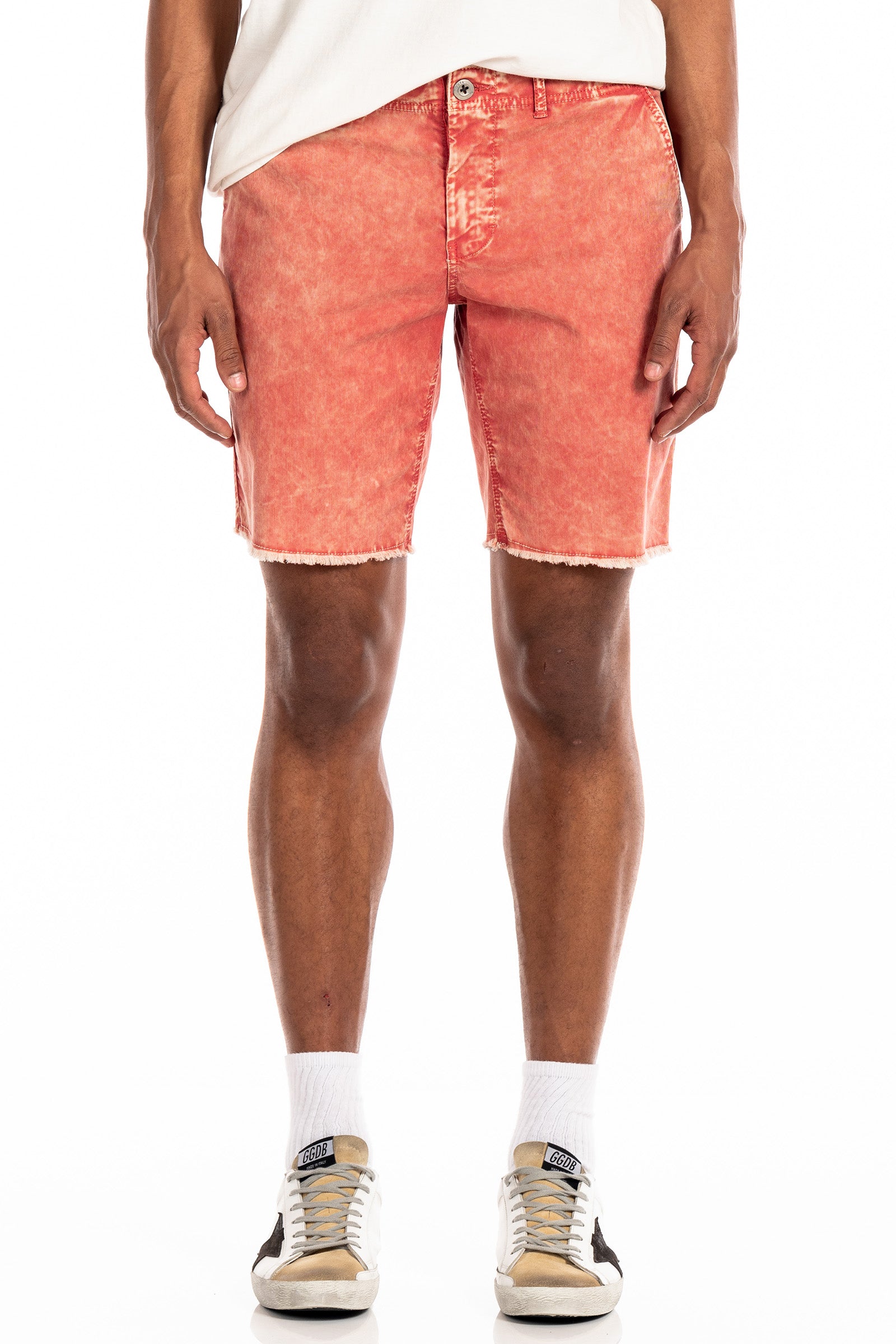 Original Paperbacks Brentwood Mineral Chino Short in Tangerine on Model Cropped Front View