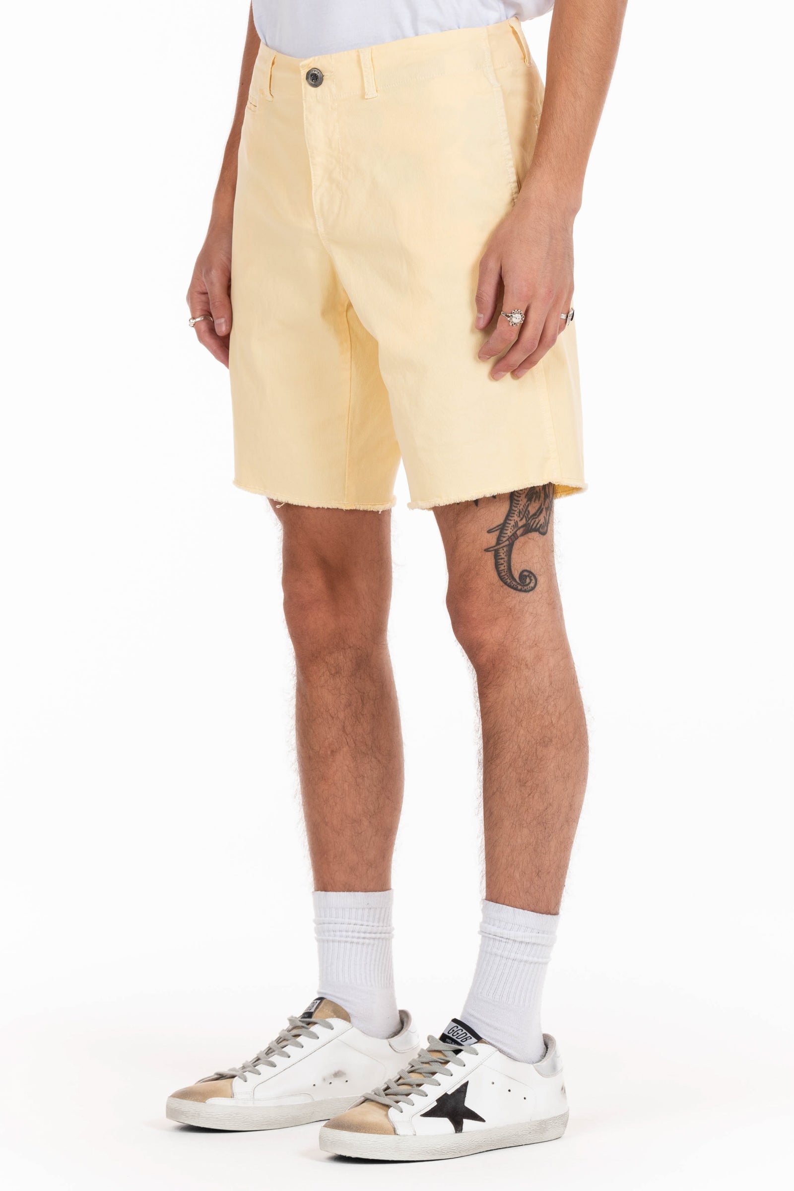 Original Paperbacks Rockland Chino Short in Custard on Model Cropped Side View