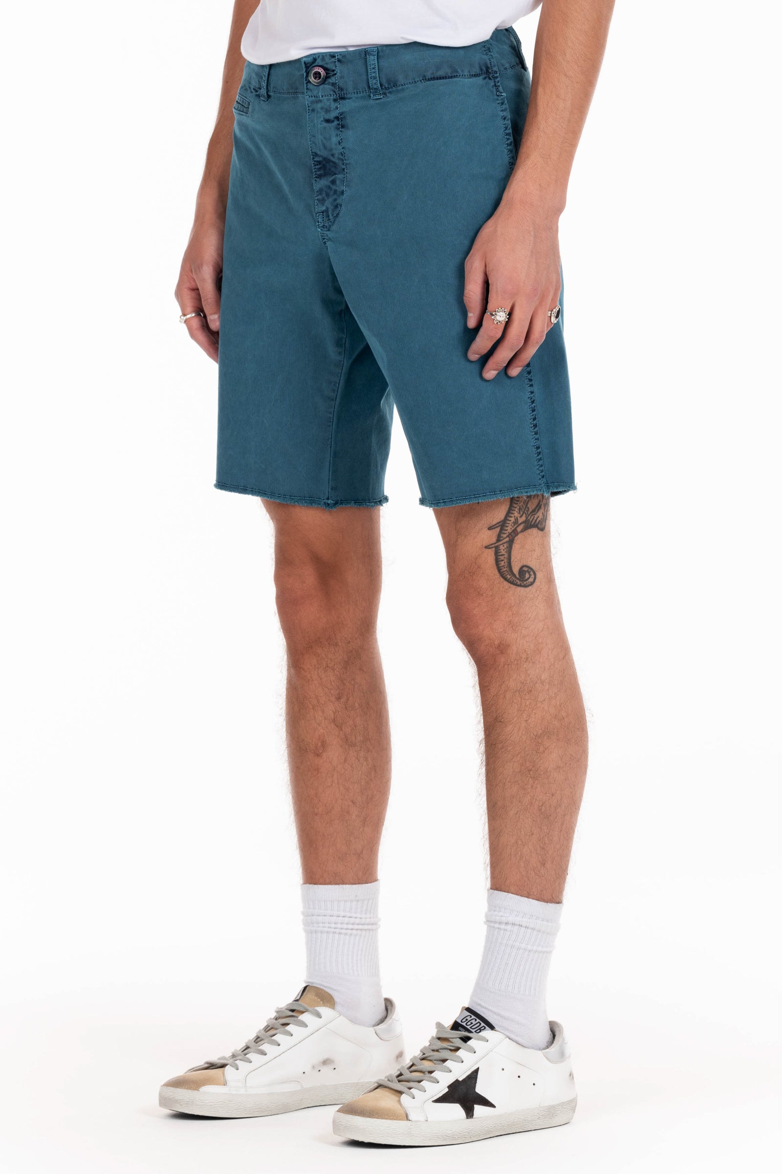 Original Paperbacks Rockland Chino Short in Dark Sea on Model Cropped Side View