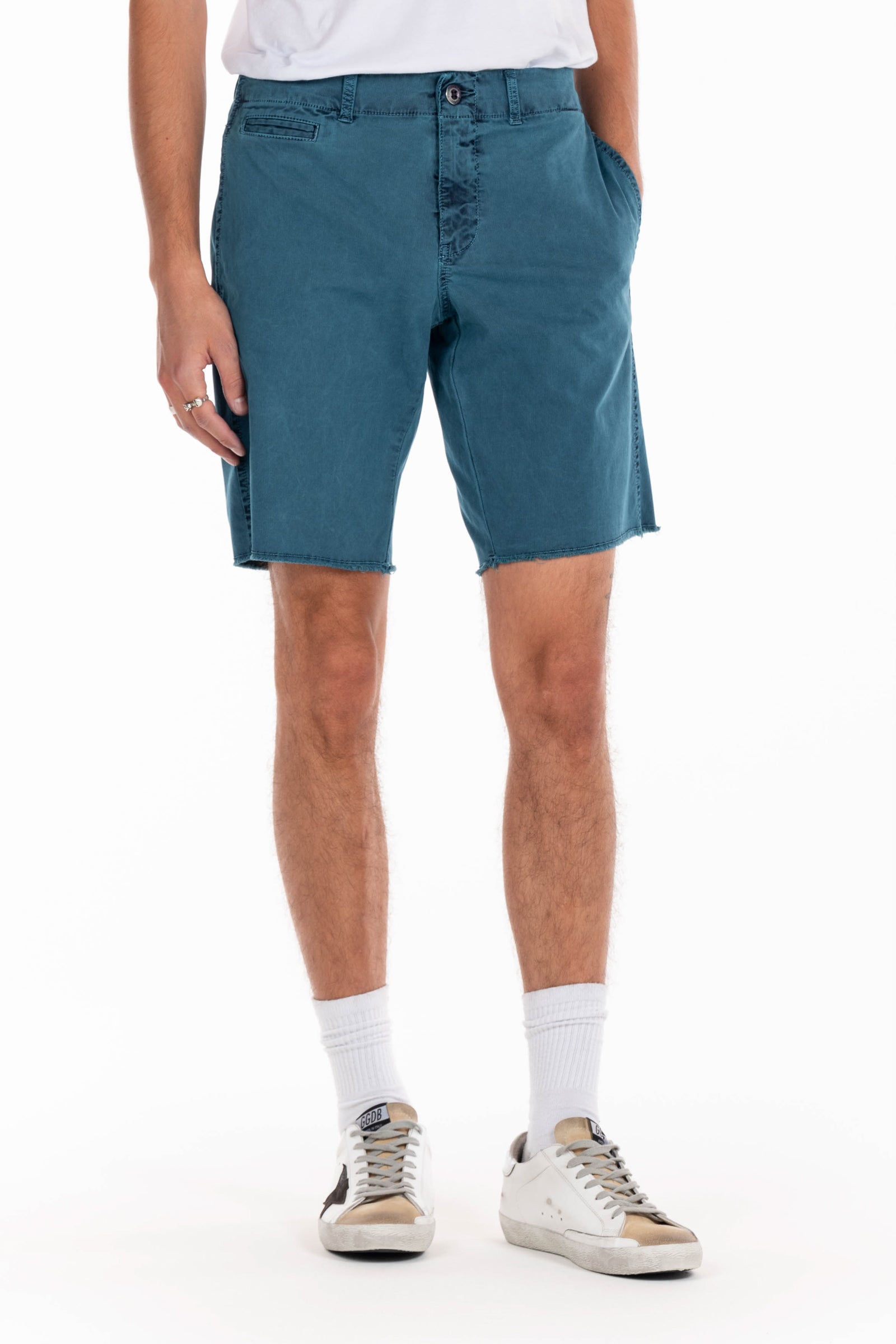 Original Paperbacks Rockland Chino Short in Dark Sea on Model Cropped Styled View