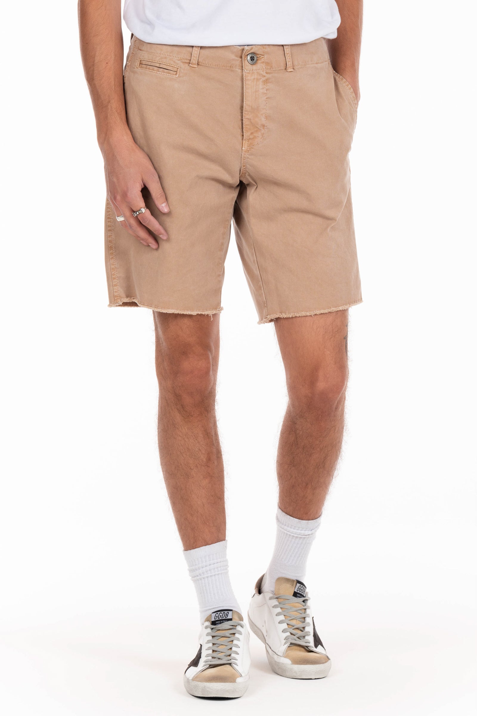 Original Paperbacks Rockland Chino Short in Khaki on Model Cropped Styled View