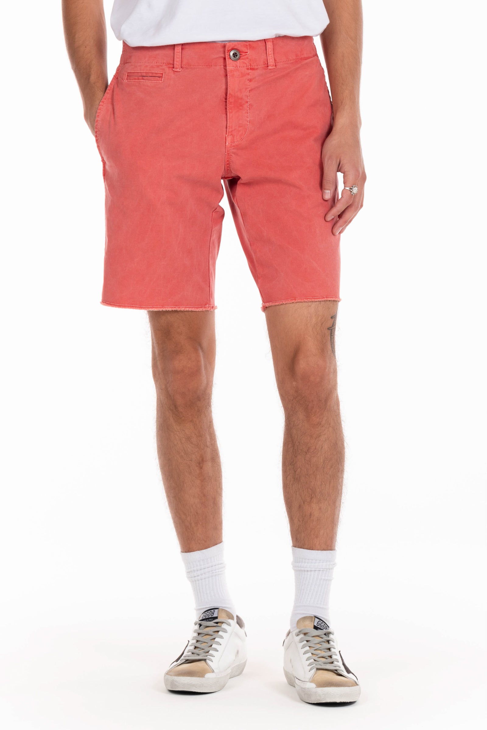 Original Paperbacks Rockland Chino Short in Persimmon on Model Cropped Styled View