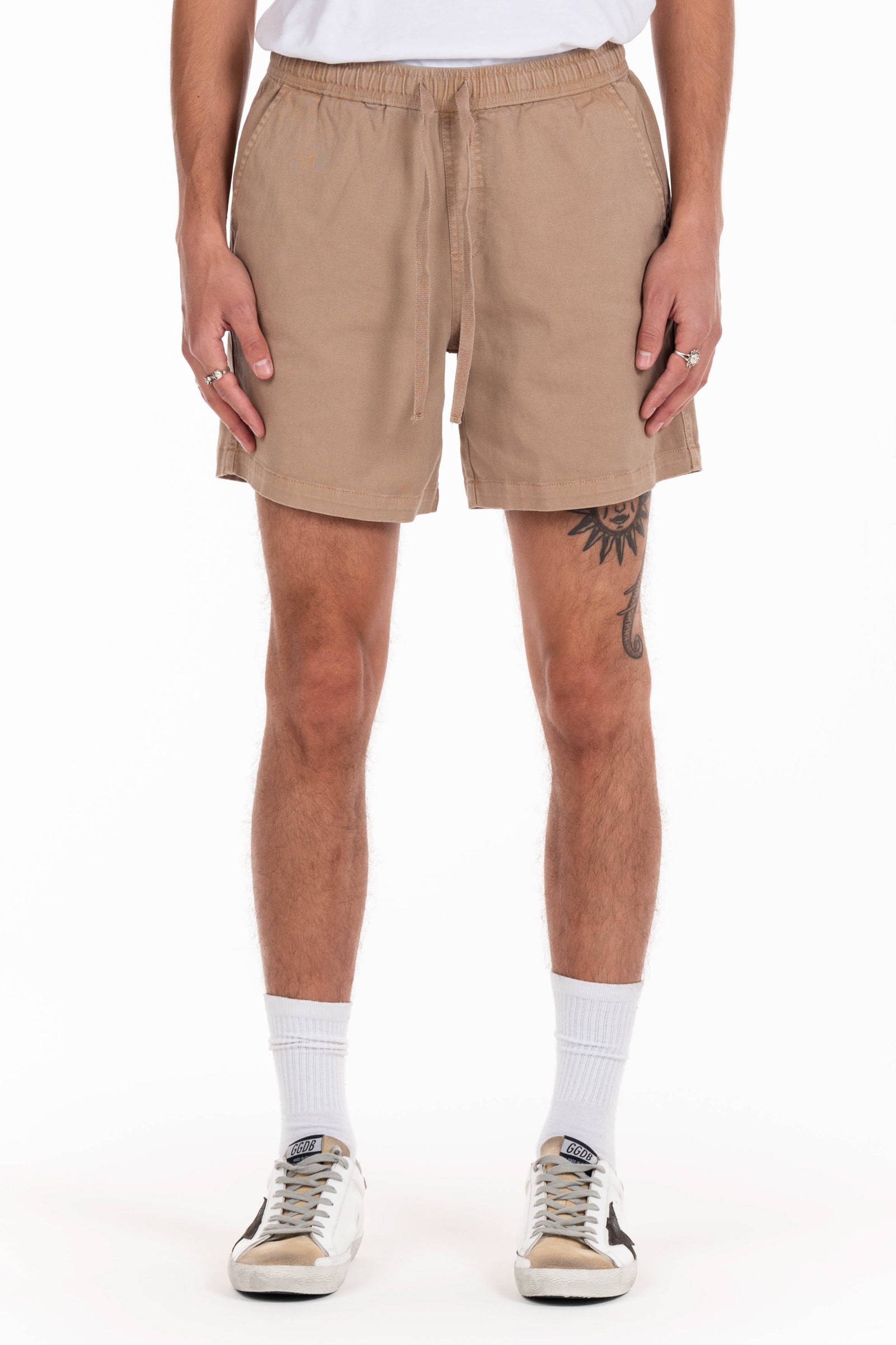 Original Paperbacks San Diego Volley Short in Khaki on Model Cropped Front View
