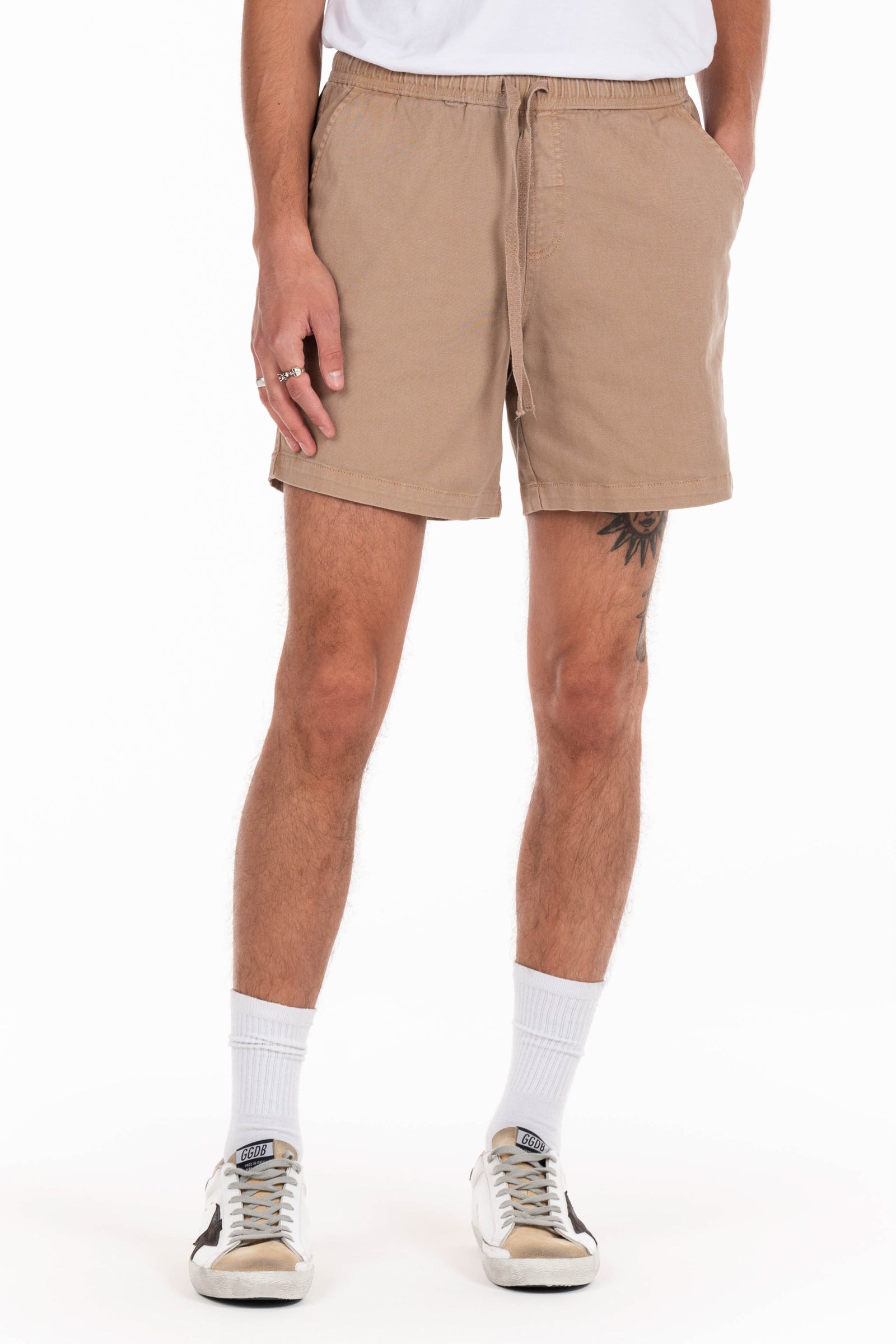 Original Paperbacks San Diego Volley Short in Khaki on Model Cropped Styled View
