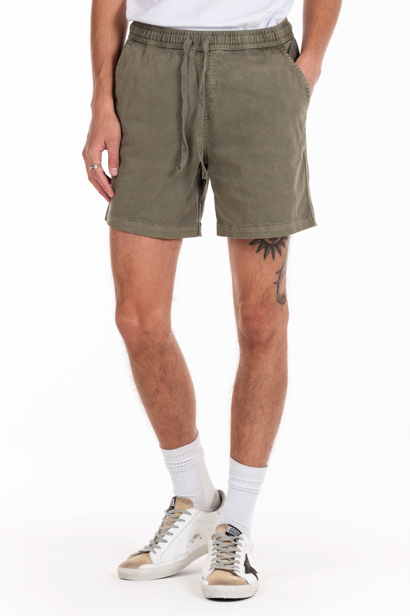 Original Paperbacks San Diego Volley Short in Olive on Model Cropped Styled View
