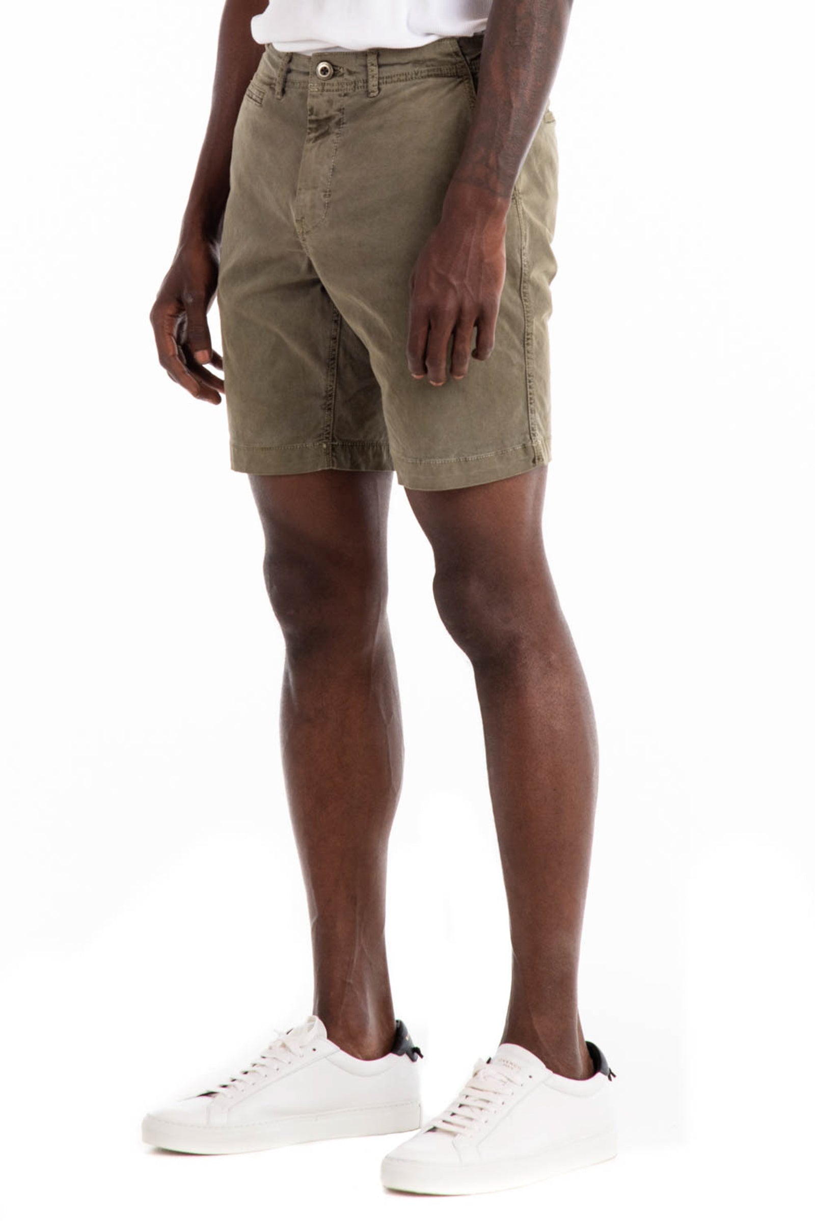 Original Paperbacks Walden Chino Short in Olive on Model Cropped Side View